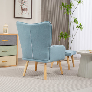 Sillón con Reposapiés Sillón Lectura con Respaldo Alto Capitoné Patas de Madera y Tapizado en Lino Butaca para Salón Dormitorio Oficina Azul Claro
