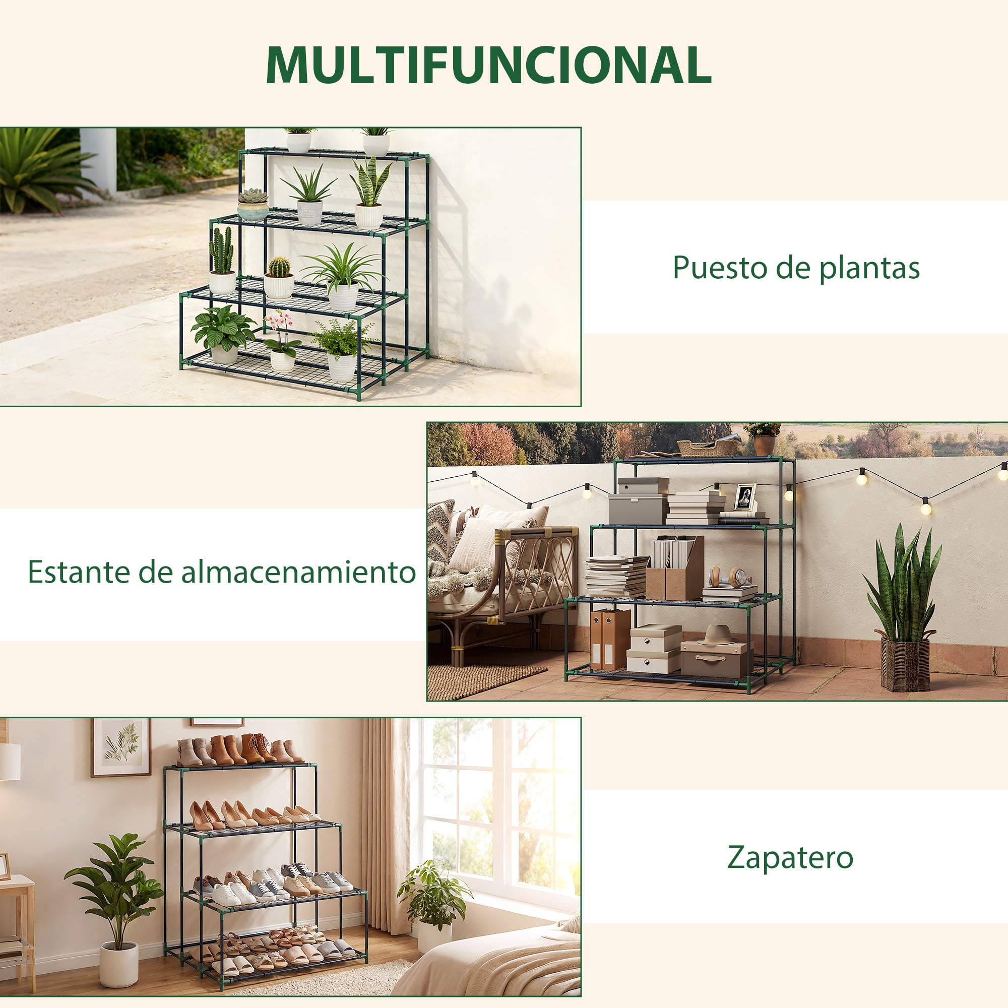 Soporte para Plantas de 4 Niveles, Estantería para Plantas de Acero, Diseño en Escalera, Soporte para Macetas para Interior y Exterior, Jardín, Balcón y Patio, 94x84x110 cm, Verde Oscuro