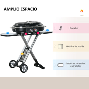 Barbacoa de Gas Plegable con 2 Quemadores 2,34 KW BBQ de Gas con 2 Ruedas 2 Parrillas Metálicas y 2 Mesas Laterales para Pícnic Camping 100x41,6x82,5 cm Negro