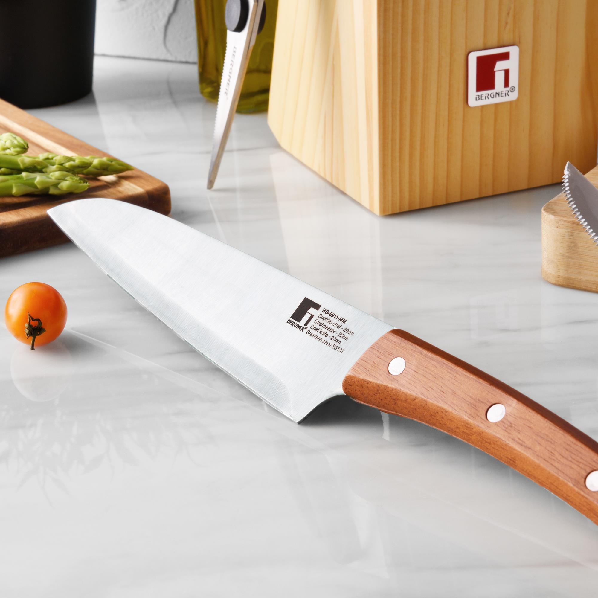 Juego de 11 Cuhillos + Tijeras en acero inoxidable + Tacoma de madera Nature Bergner