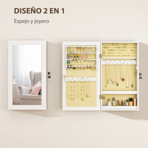 Espejo Joyero de Pared Armario para Joyas con Cerradura y Varios Compartimentos Montar en Pared o Puerta para Pendiente Collar Anillo Pulsera Blanco y Forro Crema
