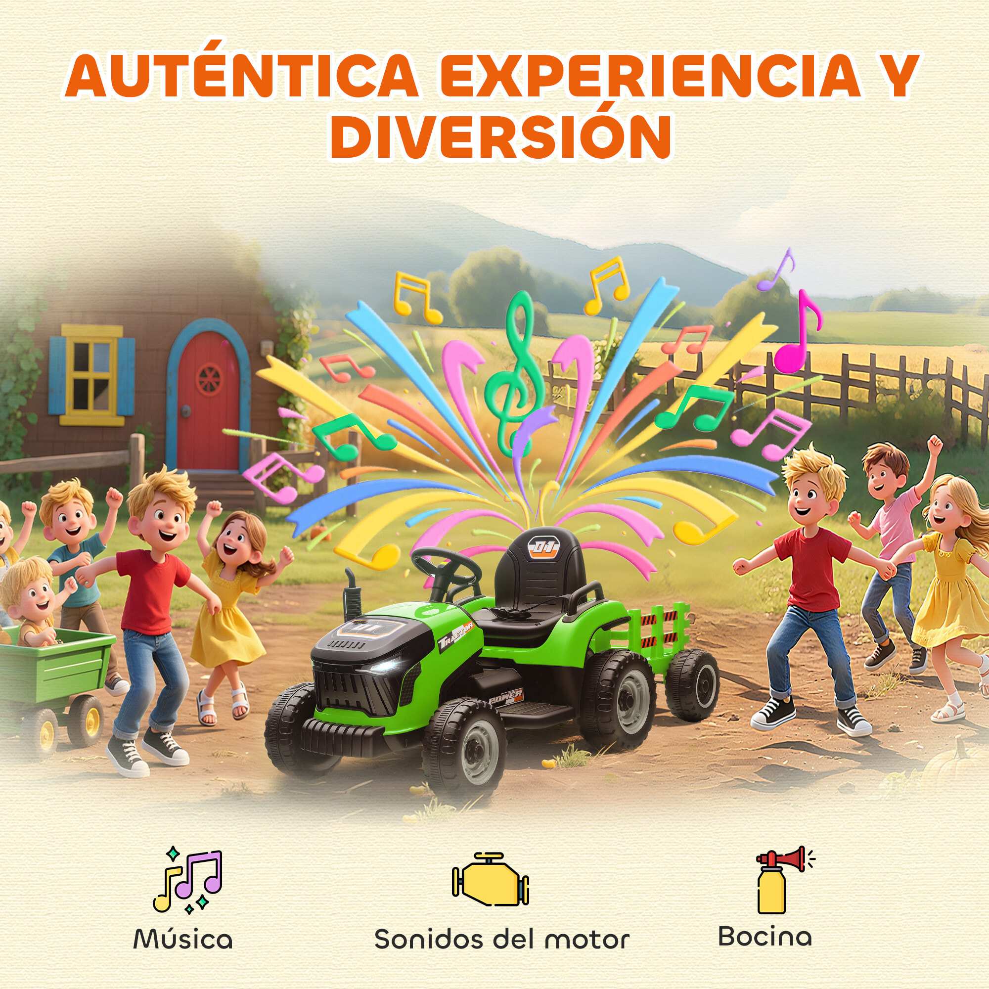 Tractor Eléctrico para Niños con Remolque Desmontable, Tractor de Juguete de Batería 12V, Velocidad 3-5 km/h, Control Remoto 2,4G, Música, Bocina, para Niños de 3-8 Años, Verde
