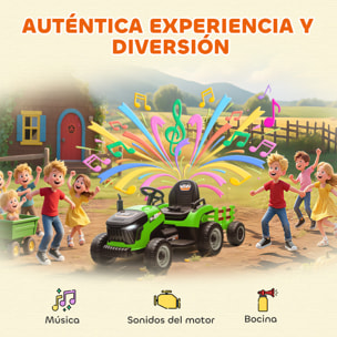 Tractor Eléctrico para Niños con Remolque Desmontable, Tractor de Juguete de Batería 12V, Velocidad 3-5 km/h, Control Remoto 2,4G, Música, Bocina, para Niños de 3-8 Años, Verde