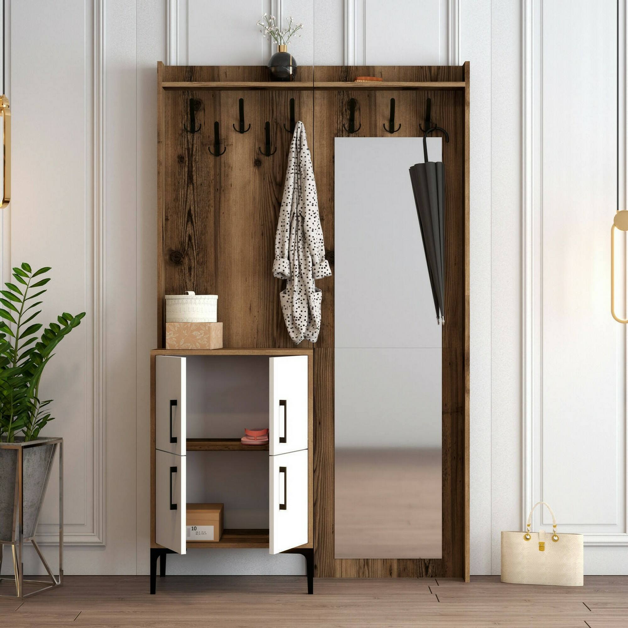 Mobile da ingresso Isidore, Entratina appendiabiti, Composizione per atrio, Consolle portaoggetti multifunzione, 120x35h200 cm, Noce e Bianco