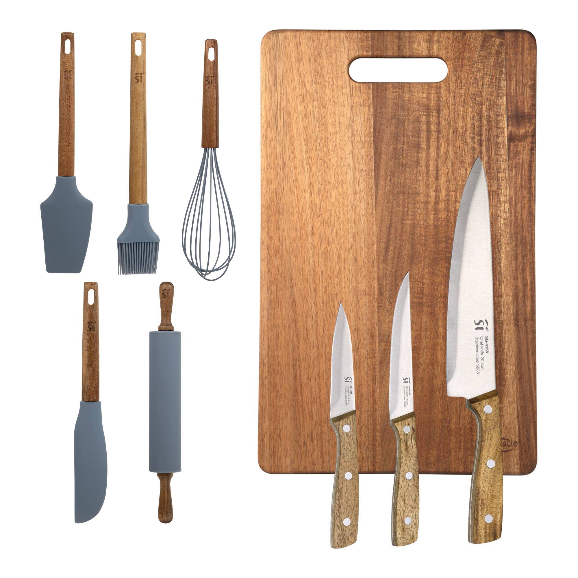 Set de cocina de 9Pzs: 3 Cuhillos en acero inoxidable + 5 Utensilios de silicona y madera + Tabla de corte 40x25cm NOIA San Ignacio