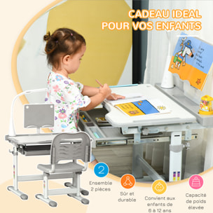 Bureau enfant avec chaise - ensemble bureau et chaise réglable - lampe, support de lecture, tablette coulissante multi-rangement - gris blanc