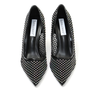 Dècolletè pumps in simil pelle con tomaia bucherellata ricoperta di strass