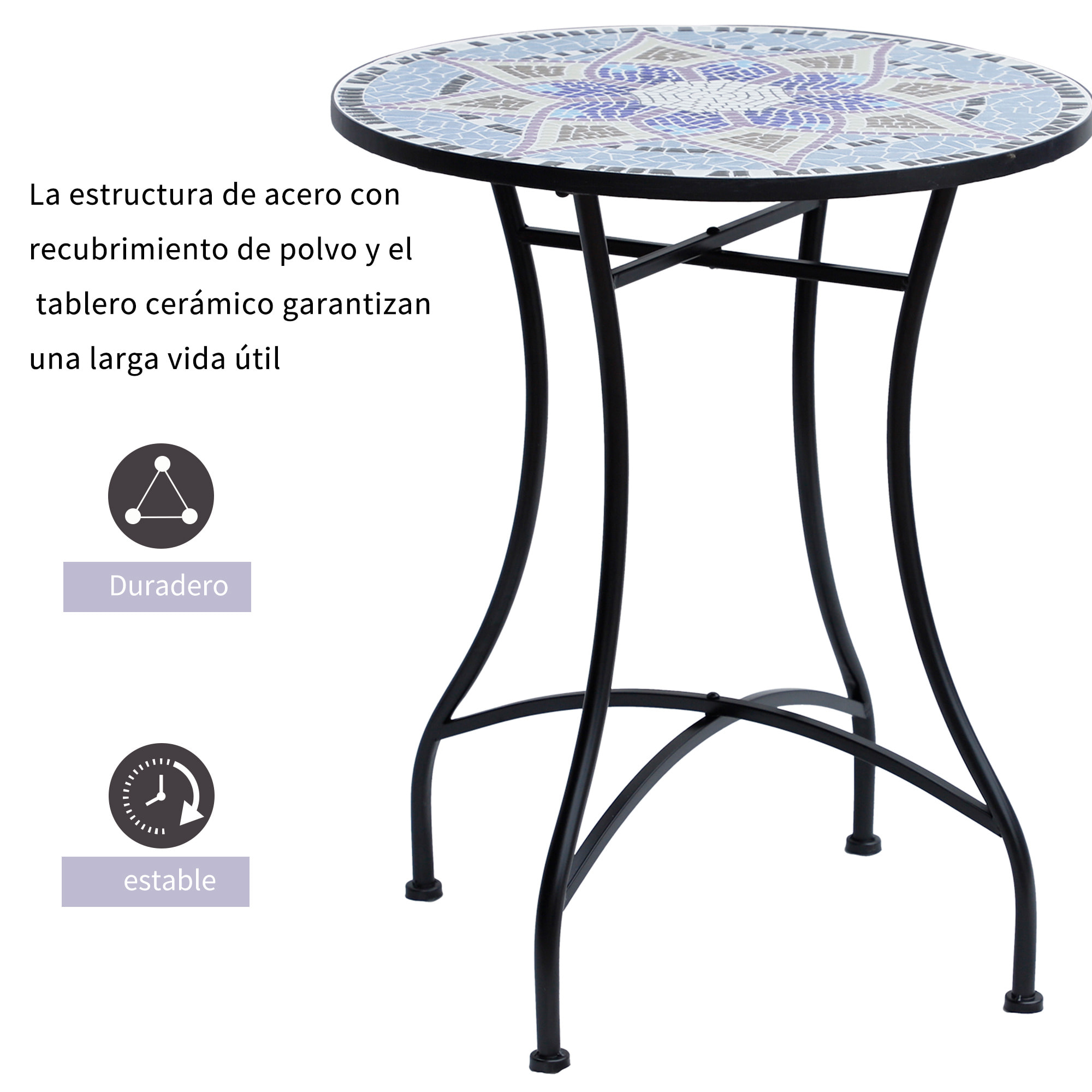 Mesa de Jardín Redonda Mesa de Terraza Exterior Ø60x71 cm con Encimera de Mosaico Decorativo Carga 100 kg Mesa para Exterior Patio Azul y Blanco