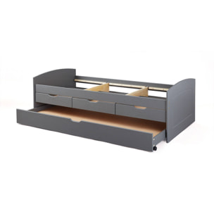 Letto con cassetti contenitore e secondo letto inferiore a estrazione, in pino massello tinto grigio, cm 98x205x63, reti escluse