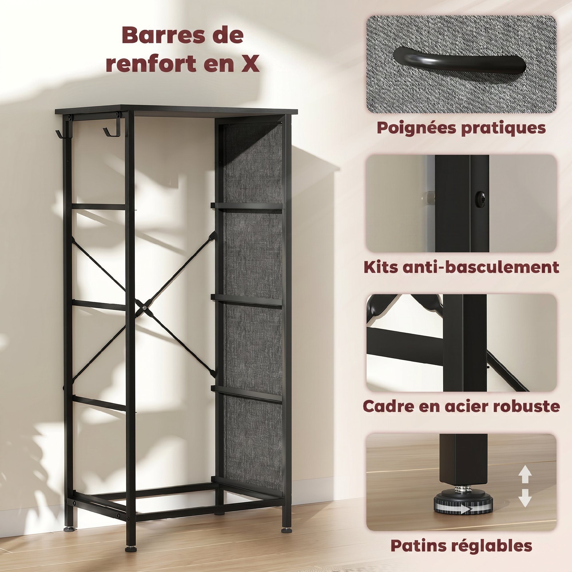 Commode chiffonnier 4 tiroirs en tissu 4 poches 2 crochets gris noir