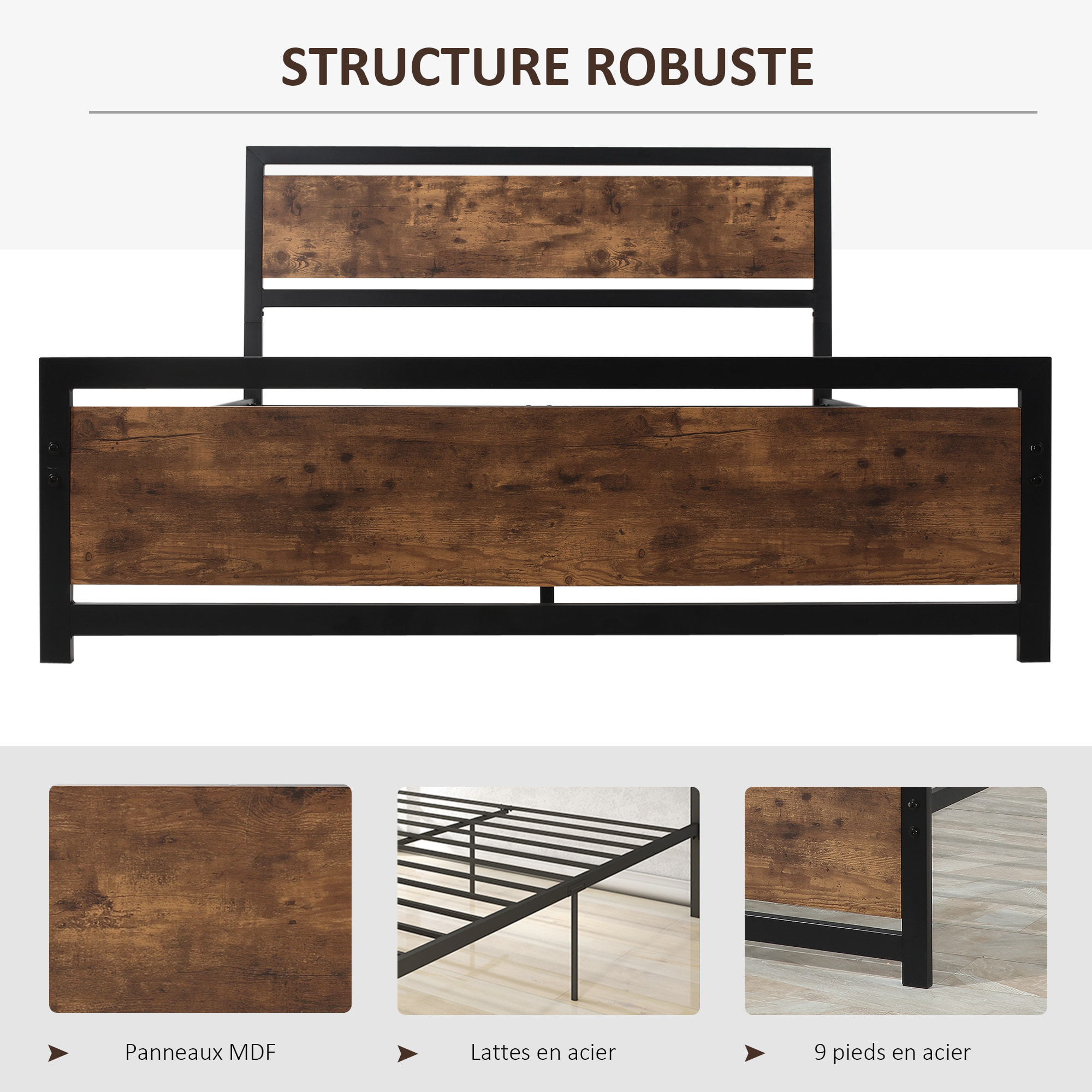 Lit double design industriel - tête de lit, pied de lit et sommier - dim. 208L x 167l x 103H cm - compatible matelas 200L x 160l cm - acier noir MDF aspect bois avec veinage