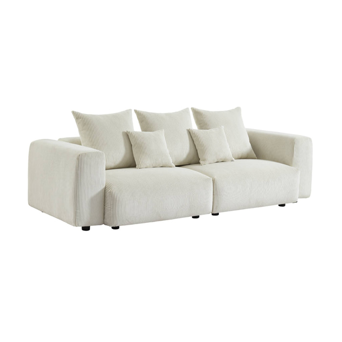 Canapé déhoussable 3 places en velours côtelé grosse côte crème avec pluie de coussins L 230 x P 97 x H 82cm - Pillow