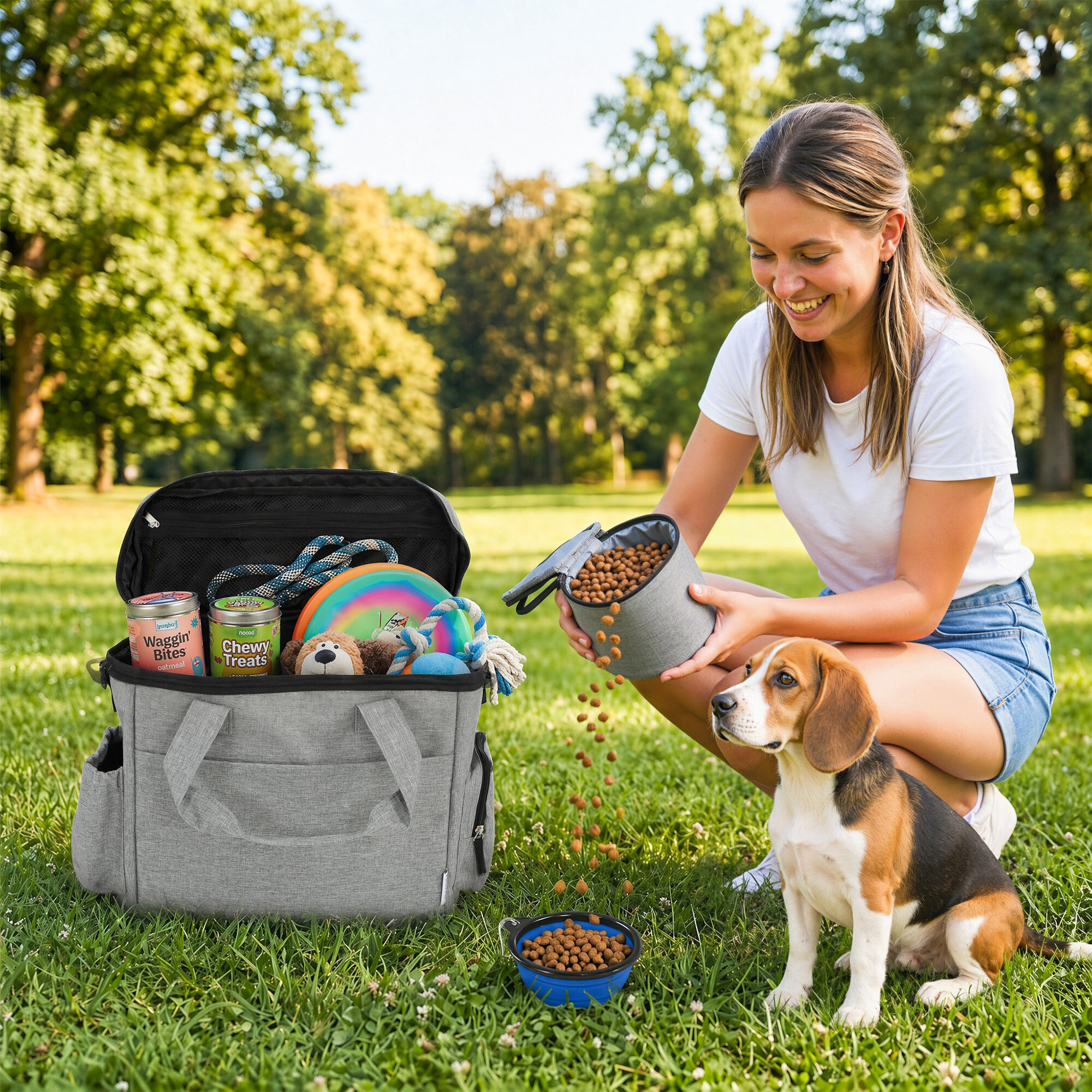 Sac à friandises et croquettes pour chien 2 paniers bol pliable silicone gris clair