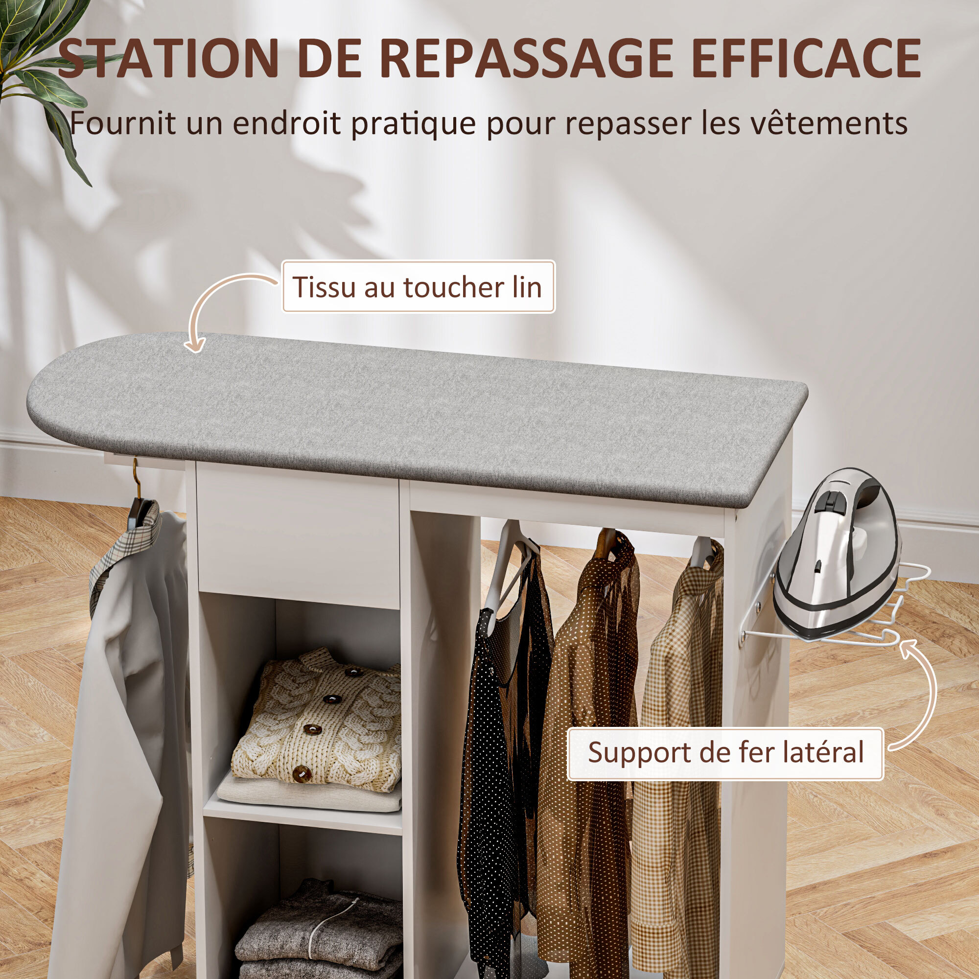 Table à repasser sur roulettes - 2 tringles, 2 niches, tiroir, support fer - toile planche incluse blanc gris