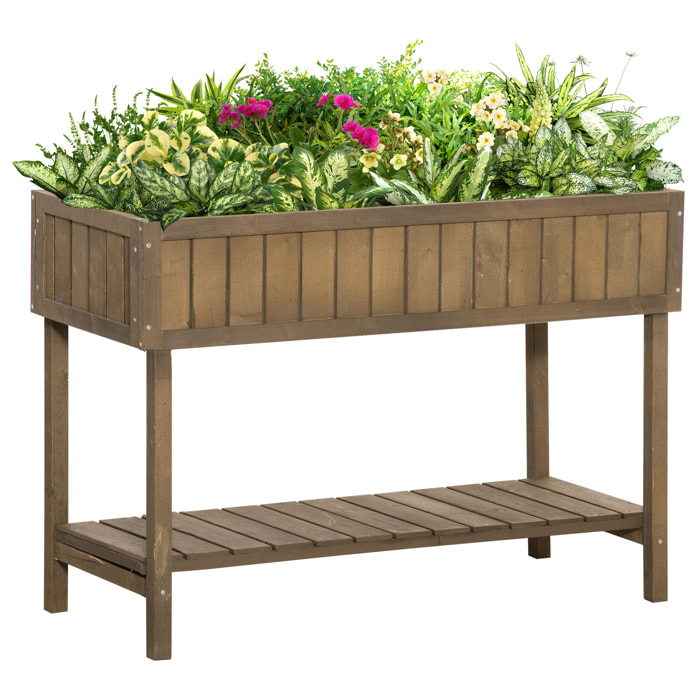 Jardinière sur pieds carré potager avec étagère dim. 110L x 46l x 76H cm 8 compartiments & inserts d'irrigation bois de sapin marron