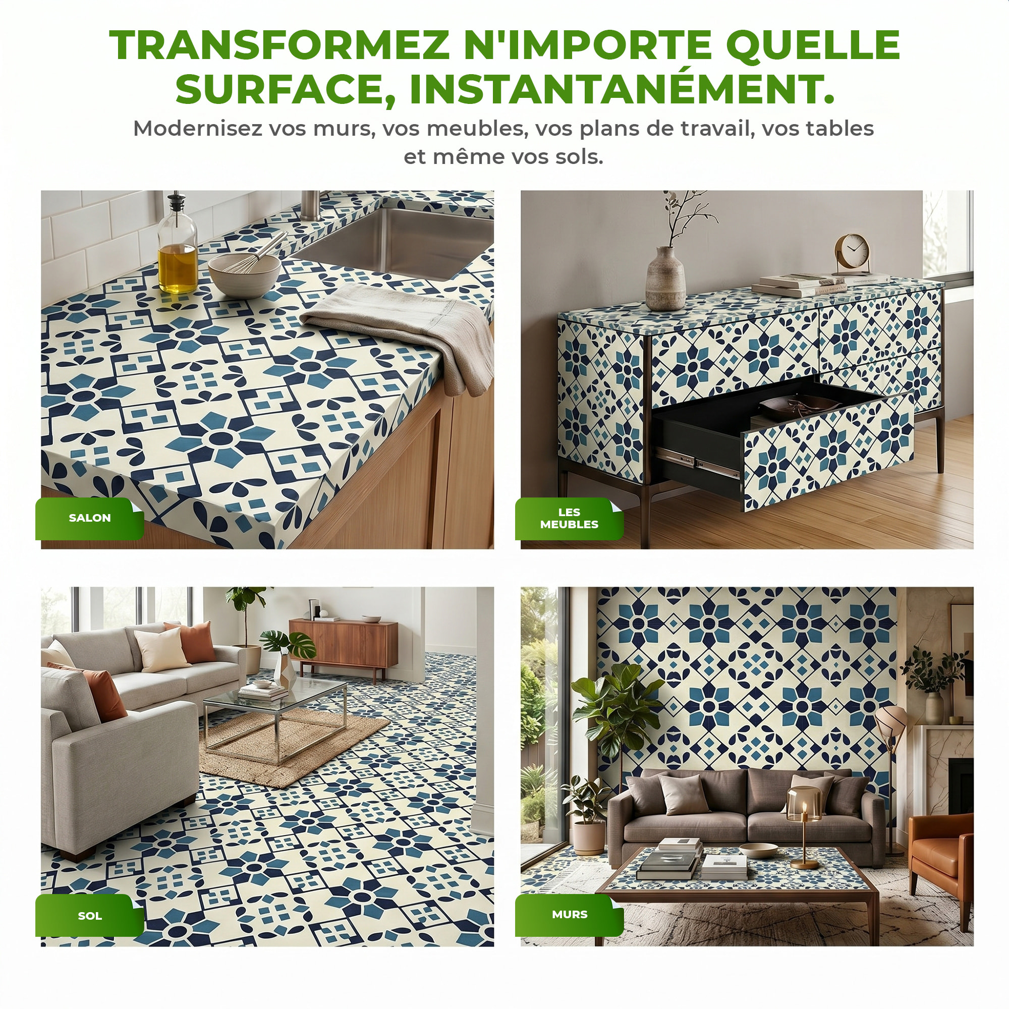 Sticker Sol avec laminat de Protection en Plastique Anti-dérapant | Stickers adhésif Sol - CARREAUX DE CIMENT SOL KARINA - 1 sticker