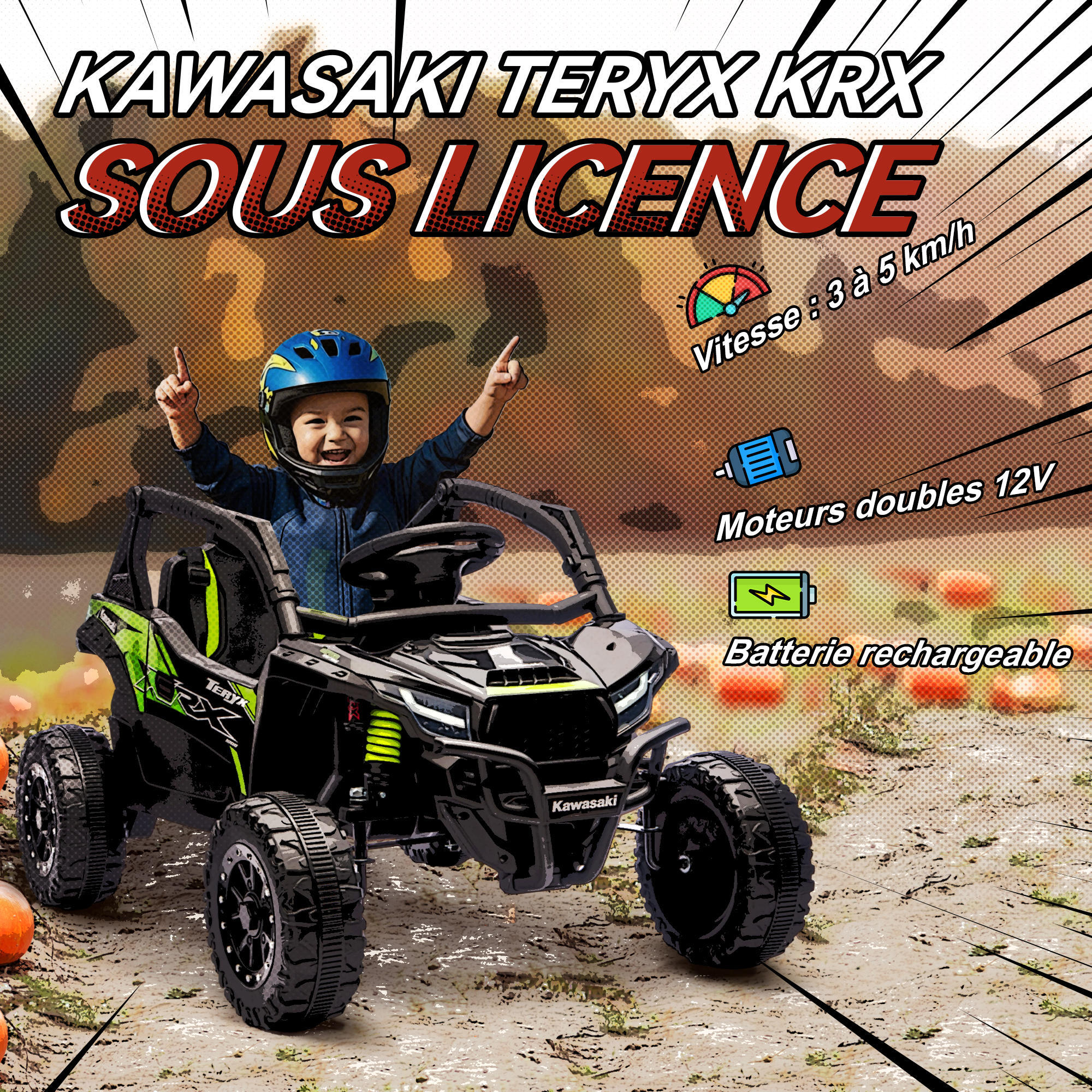 Buggy Kawasaki teryx KRX 1000 12V 2 moteurs 25W télécommande effets sonores lumineux vert
