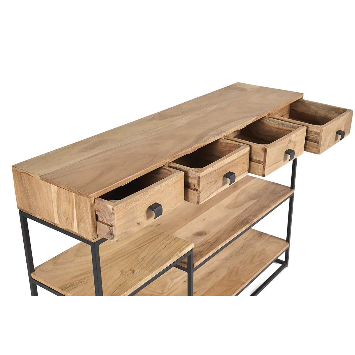 Console industrielle avec rangements 4 tiroirs en bois massif et métal noir L115 cm GRENELLE