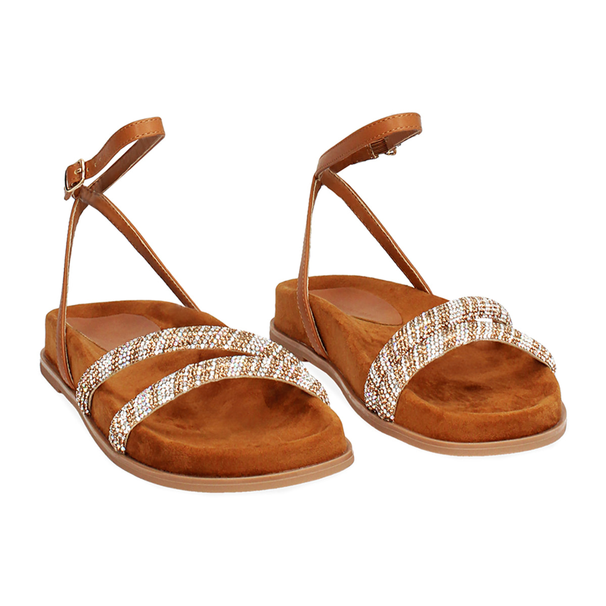 Sandali bassi donna cognac in microfibra e pietre