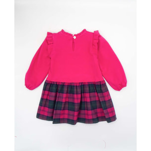 Vestido combinado punto roma con volantes y cuadros verdes y fucsia