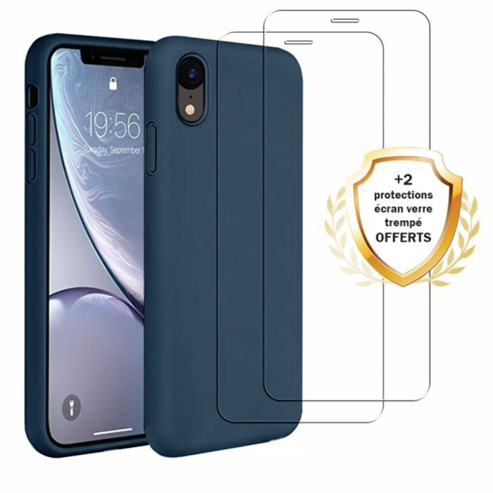 Coque iPhone XR Silicone liquide Bleu Marine + 2 Vitres en Verre trempé Protection écran Antichocs