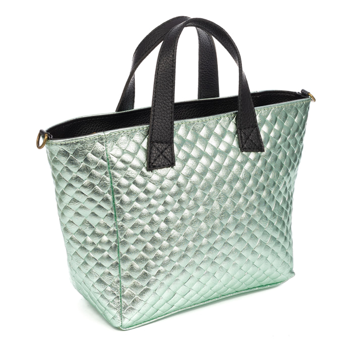 Cassandra bolso tote mujer. Piel auténtica Gamuza con grabado entrelazado y lacada brillante.