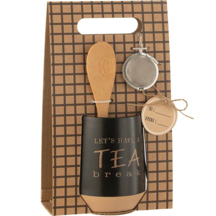 J-Line tasse à thé + cuillère + boule à thé - céramique - noir - boîte cadeau