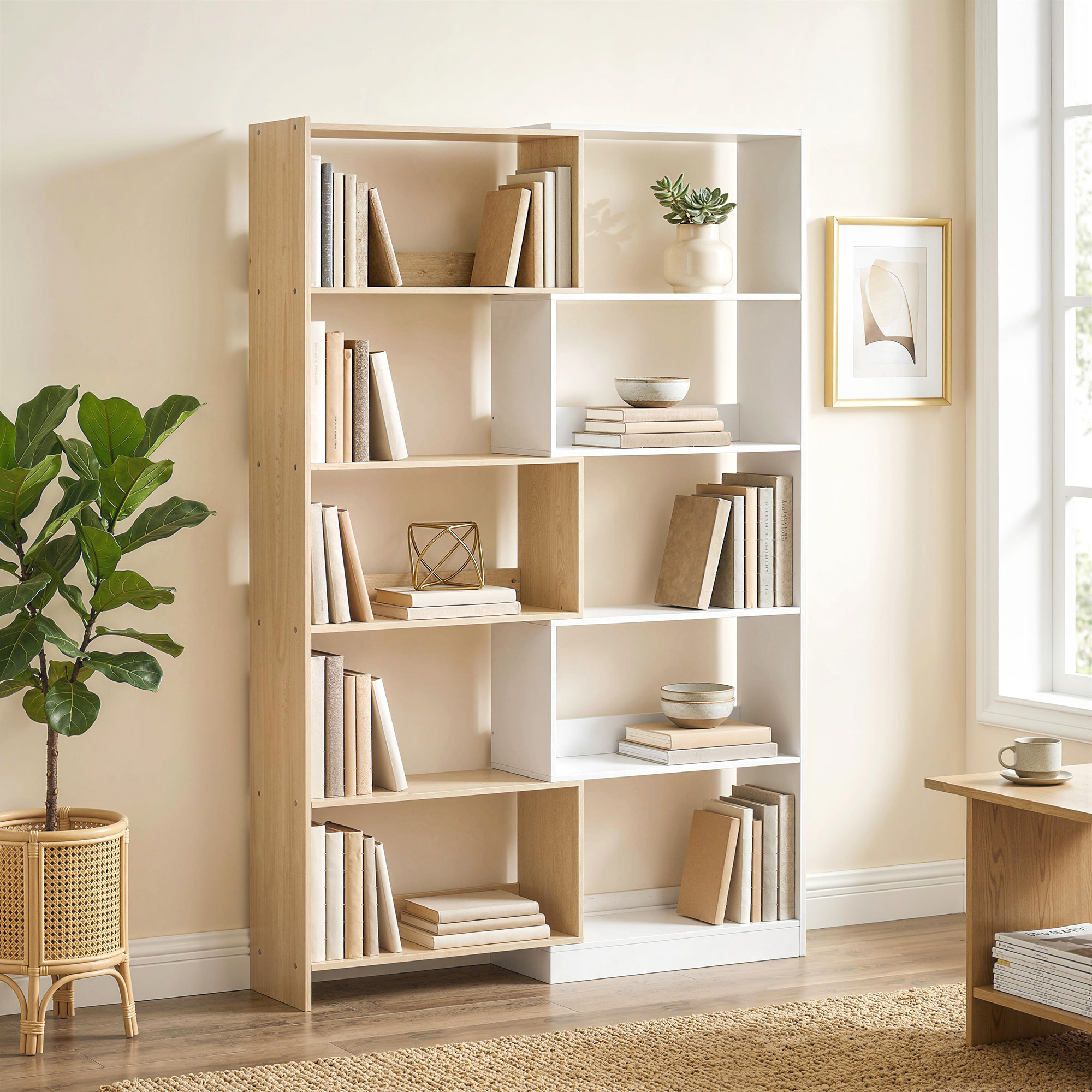 Estantería Expandible 5 Niveles, Librería para Libros Giratoria 350°, Ancho Ajustable, Convertible en en L, Recta o Compacta para Salón, Dormitorio, Estudio 111,5x23,8x163,7 cm Natural y Blanco