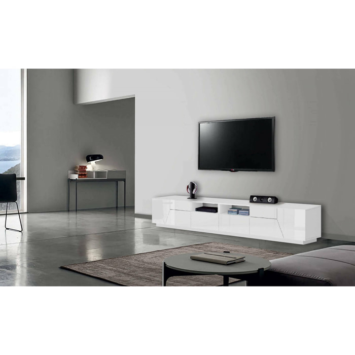 Mobile porta TV Asdrubale, Credenza bassa da soggiorno a 4 ante, Base porta televisione, 100% Made in Italy, cm 260x43h46, Bianco lucido