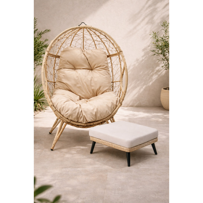 Ensemble d'extérieur : fauteuil suspendu effet rotin et repose-pieds avec coussin beige JIMMY