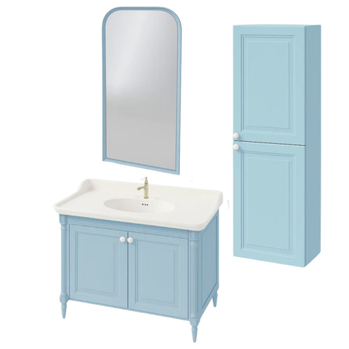 Pack meuble vasque Cléo 1889 bleu velours + colonne droite + miroir + mitigeur or