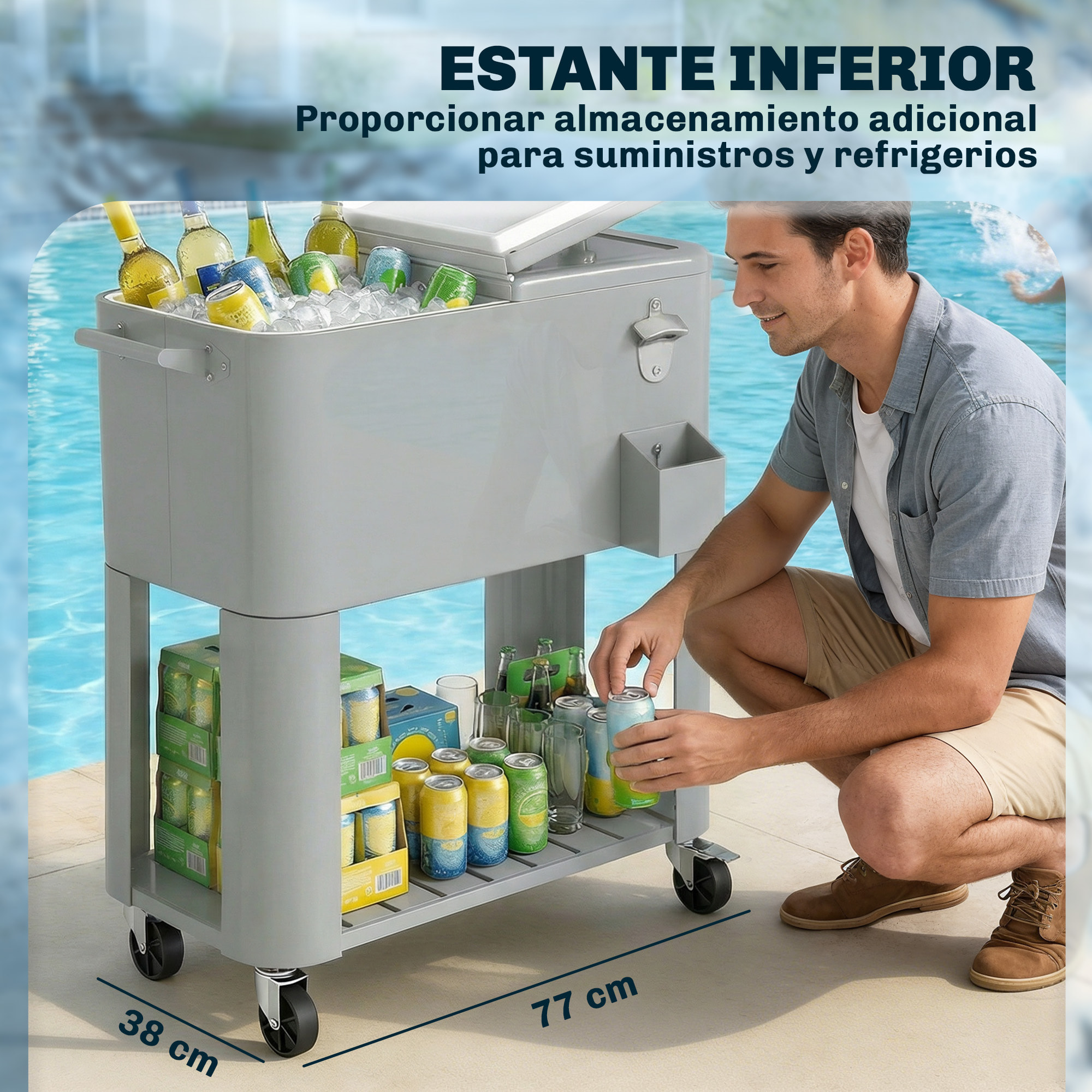 Carrito Nevera de 76L con Ruedas, Carro de Bebidas con Estante, Abrebotellas, Recogetapas, Drenaje y 2 Asas, Mesa Nevera Jardín Exterior para Patio, Fiesta, BBQ, 92x39x81 cm, Plateado