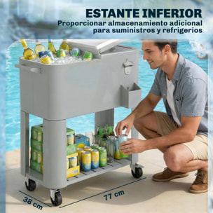 Carrito Nevera de 76L con Ruedas, Carro de Bebidas con Estante, Abrebotellas, Recogetapas, Drenaje y 2 Asas, Mesa Nevera Jardín Exterior para Patio, Fiesta, BBQ, 92x39x81 cm, Plateado