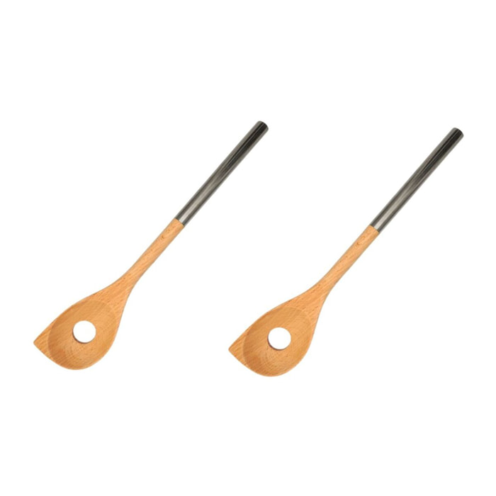 Ensemble de 2 Cuillères en bois biseautée avec un trou manche inox 34 cm Fackelmann Boissellerie