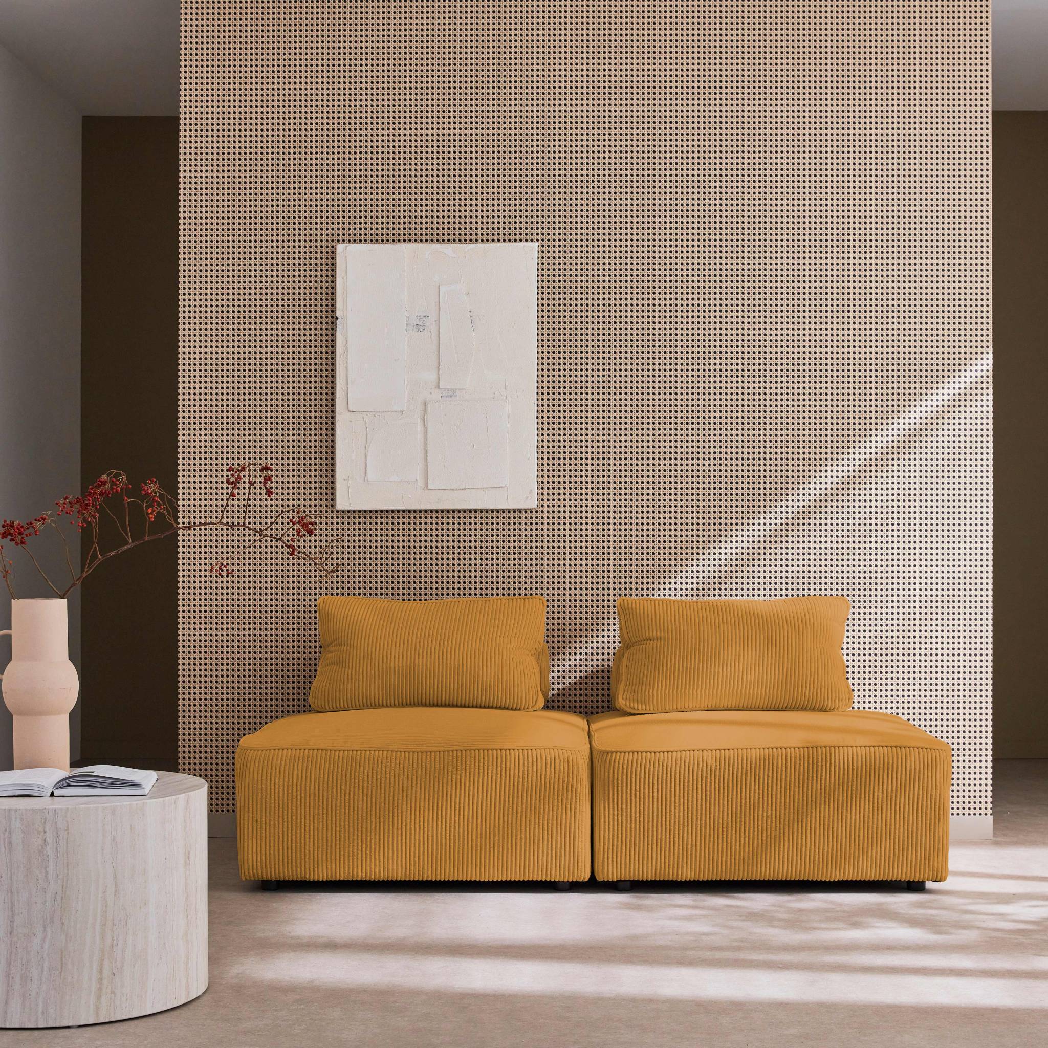 Lot de 2 chauffeuses  pour canapé modulable velours côtelé jaune avec un coussin