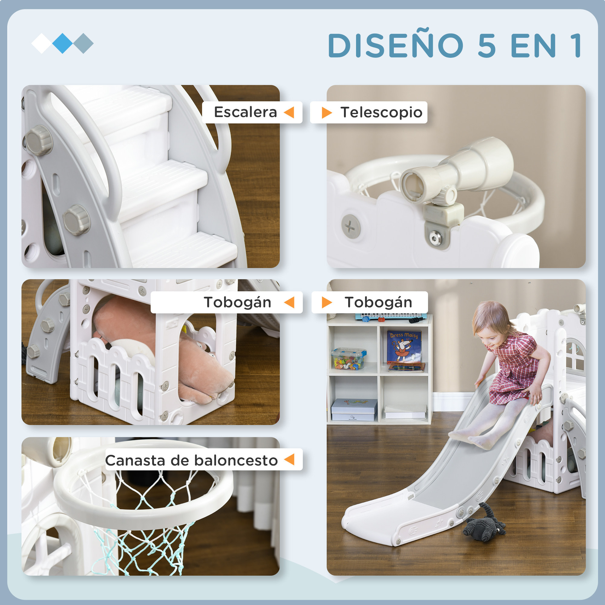 Tobogán Infantil 5 en 1, Tobogán para Niños de 1-3 Años con Aro de Baloncesto, Telescopio, Escalador y Cesta Inferior, para Interior y Exterior, Blanco y Gris