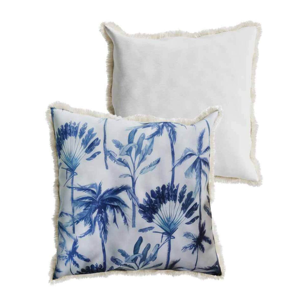 Coussin carré feuillage tropical bleu