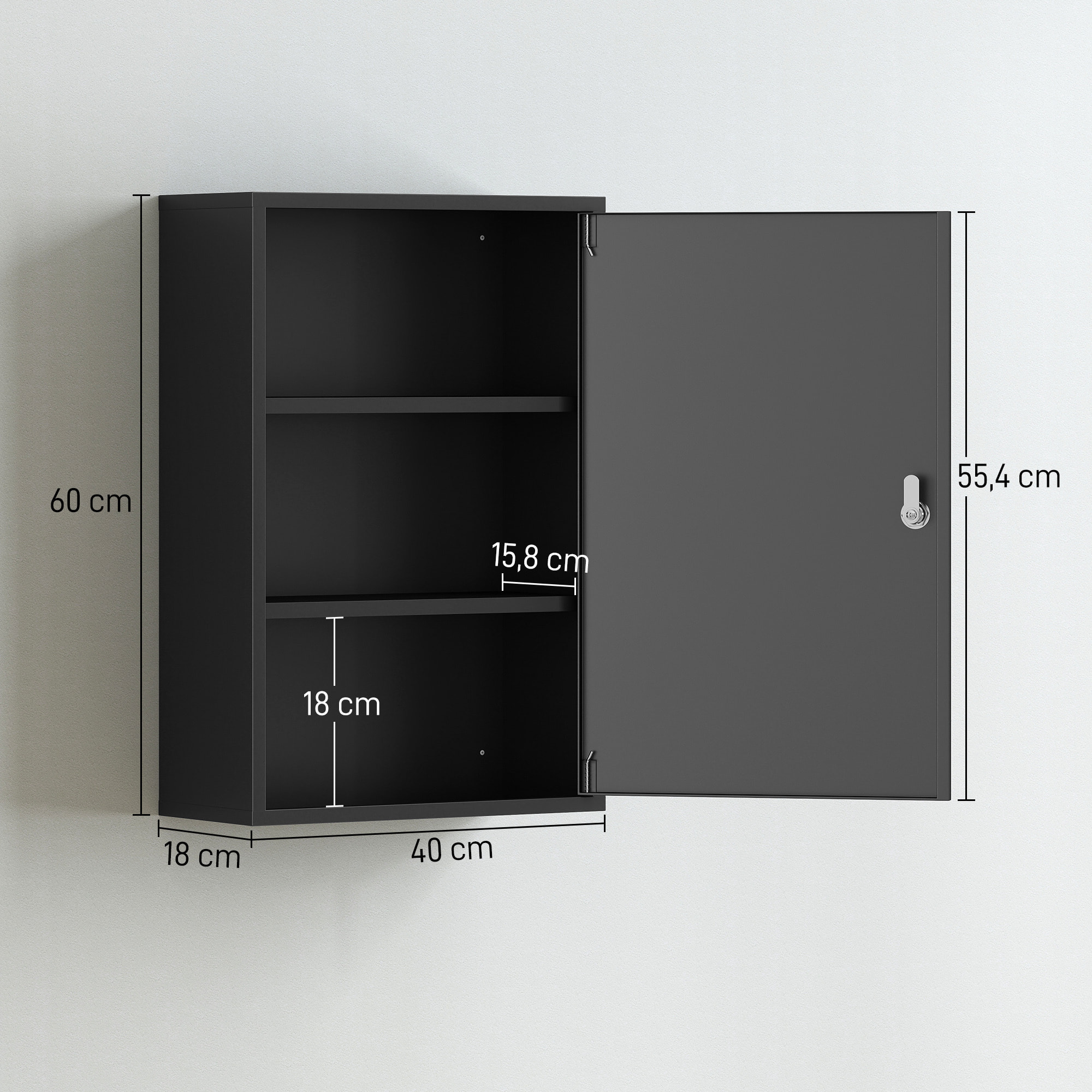 Armoire à pharmacie 2 étagères 3 niveaux verrouillable dim. 40L x 18l x 60H cm 2 clés métal noir