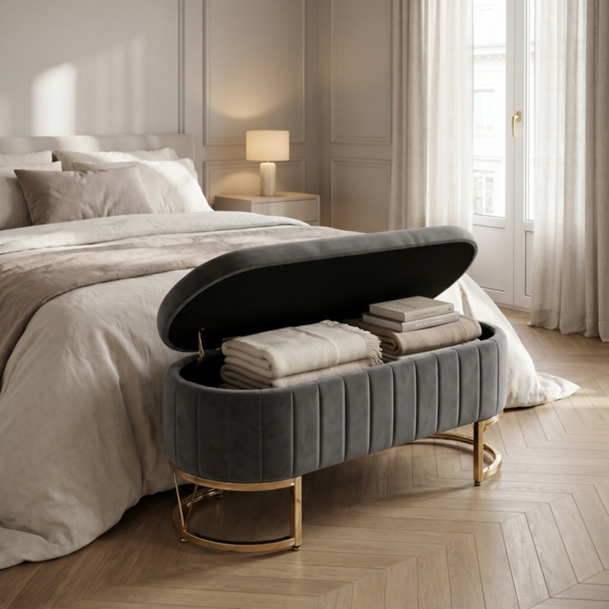 Panca Contenitore Ovale in Effetto Velluto con Ampio Vano Contenitore, Seduta Imbottita e Gambe in Acciaio, Design Elegante per Camera da Letto, Ingresso e Soggiorno