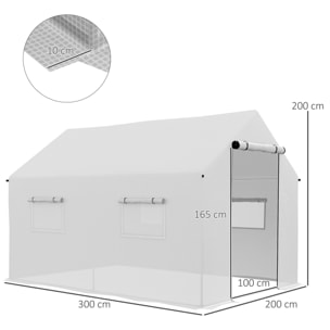 Serre de jardin tunnel 6 m² porte 4 fenêtres acier galvanisé PE blanc