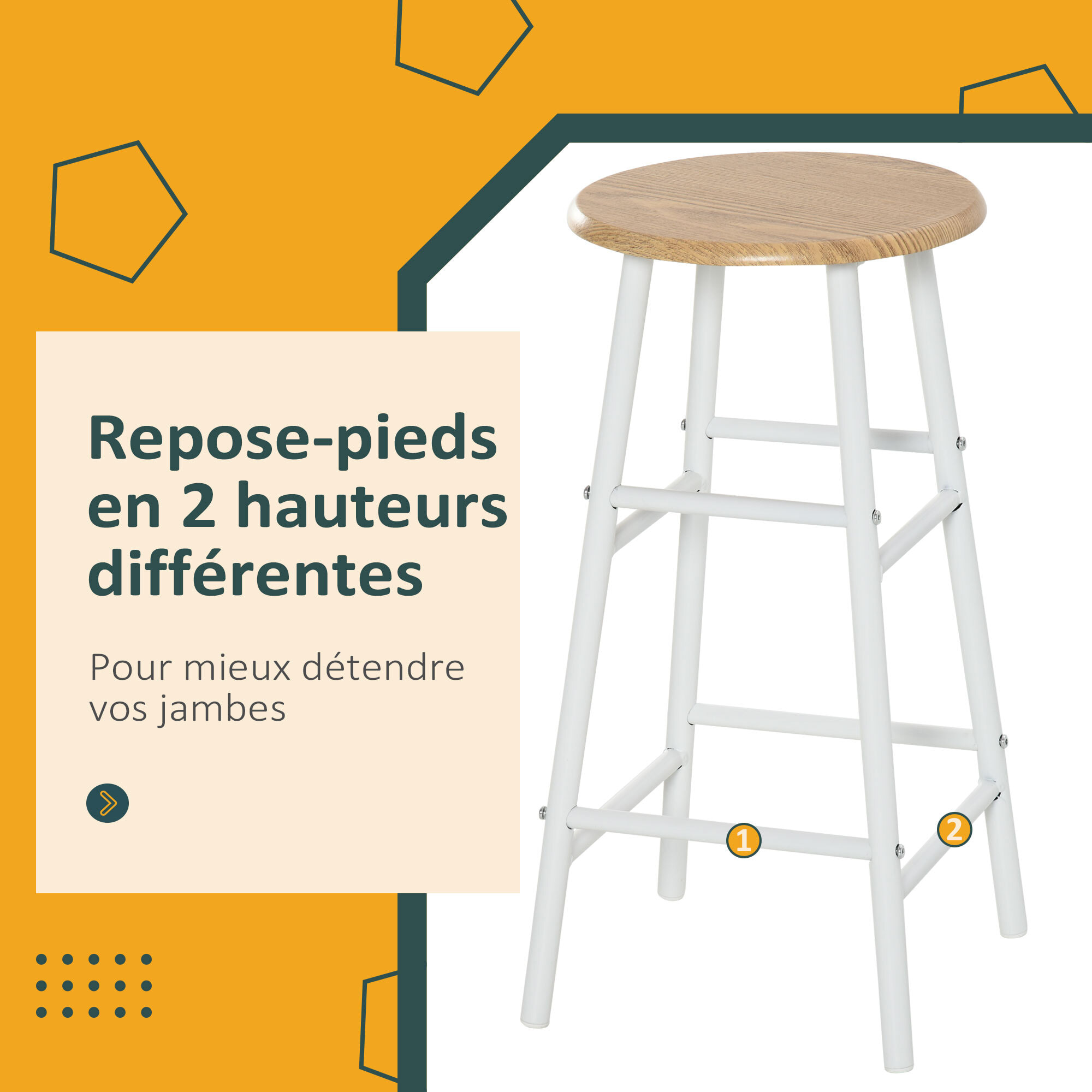 Ensemble table de bar 2 tabourets avec étagère à barreaux métal blanc effet bois clair