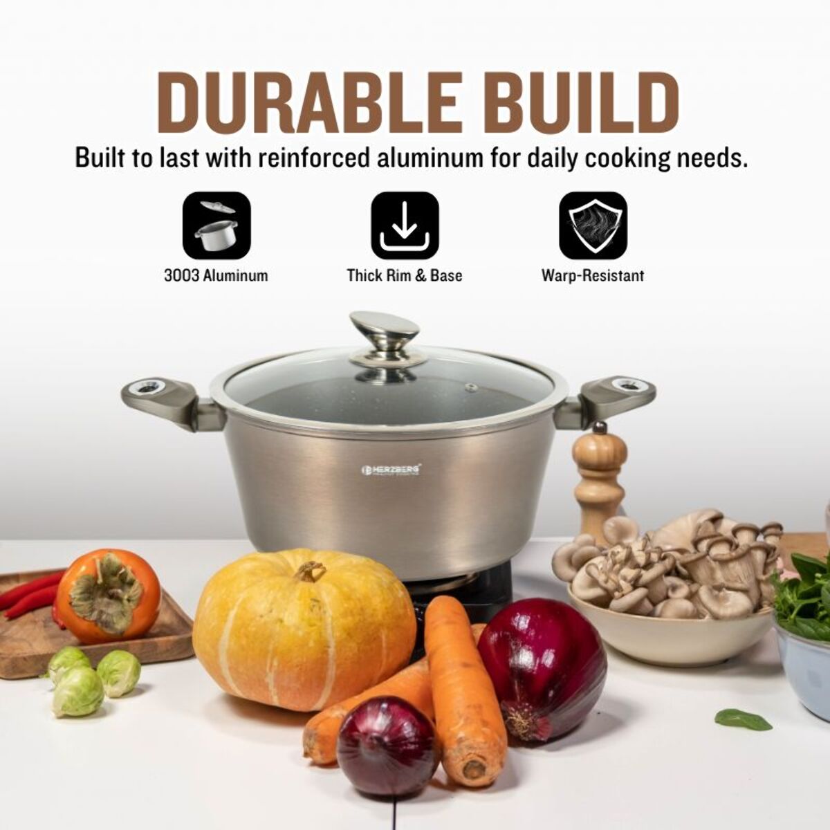 Batterie de cuisine 15 pièces avec revêtement en marbe Carbone Herzberg HGMETCR15-CAR