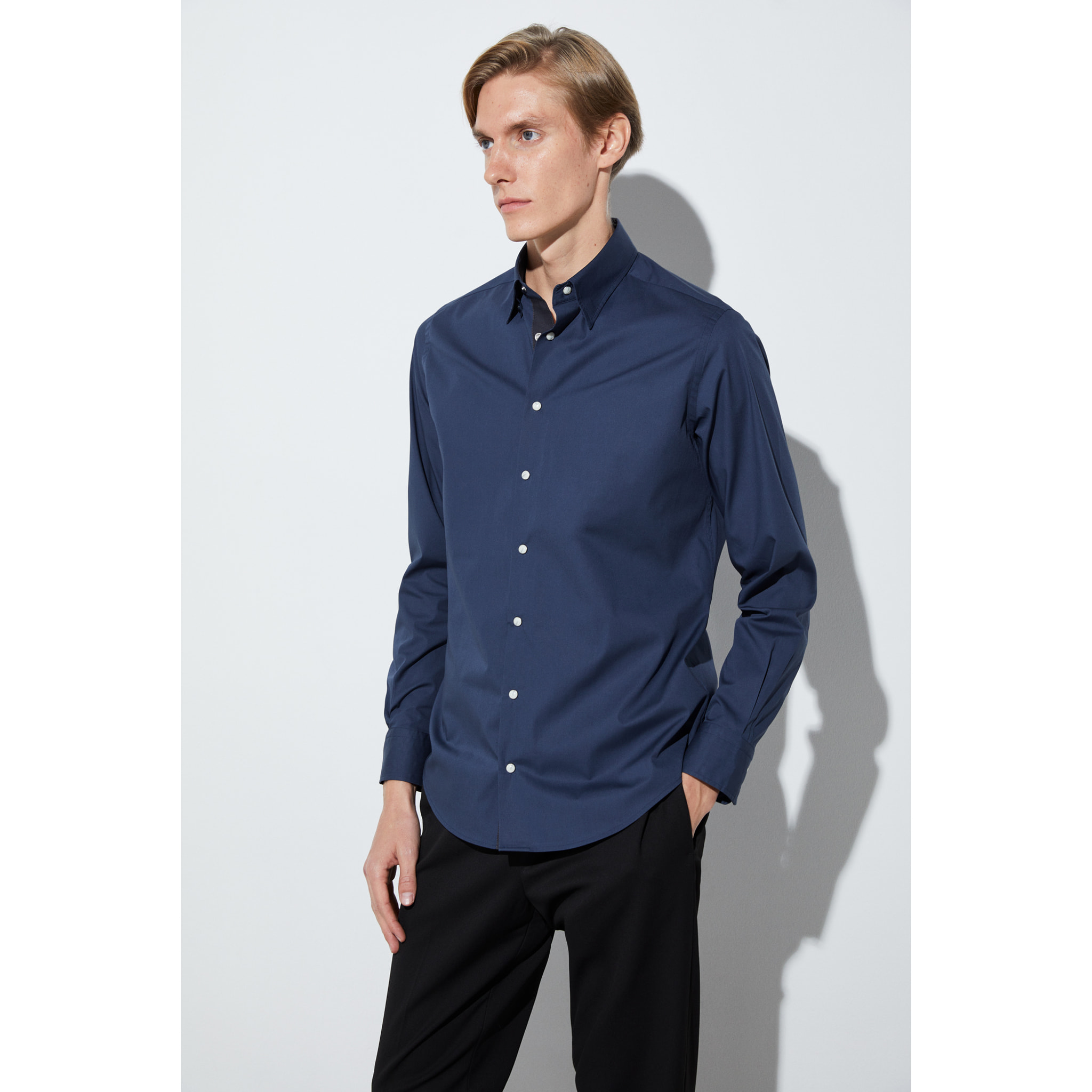 Camicia Uomo 1 Bottone Button Down Slim Popeline Stretch Unito Blu