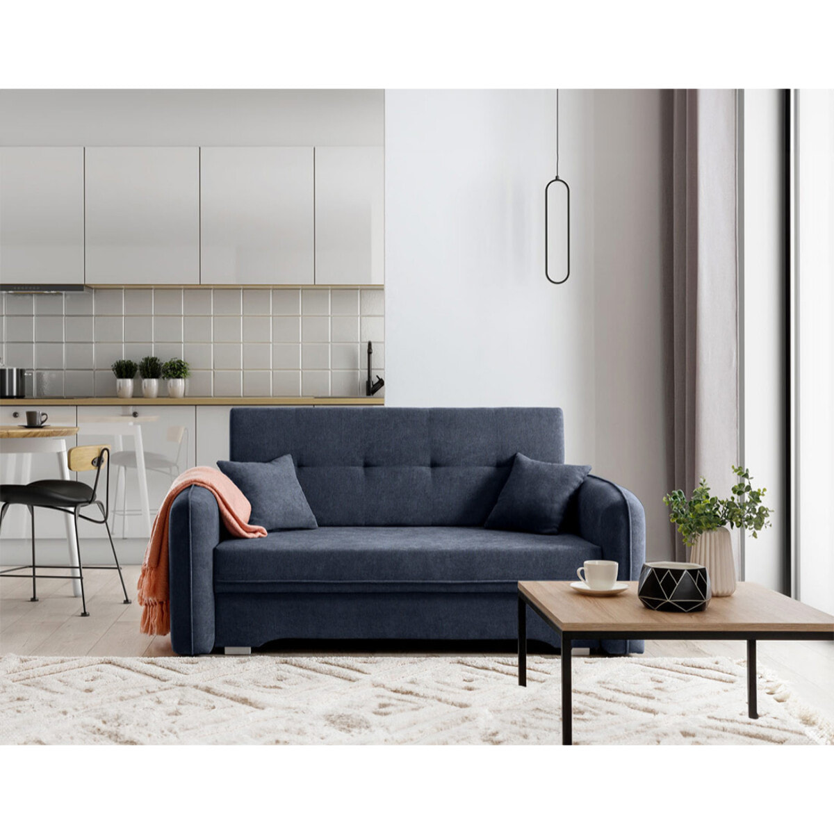 Michelle - canapé droit 3 places convertible avec coffre en velours - Bleu