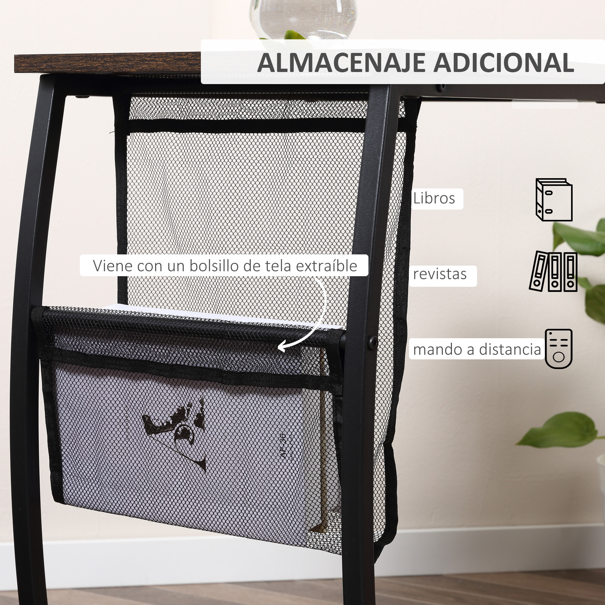 HOMCOM Mesa Auxiliar para Sofá y Cama en Forma de C con Bolsillo de Almacenaje Mesa Lateral de Estilo Industrial para Salón 53x35x64,5 cm Marrón Rústico