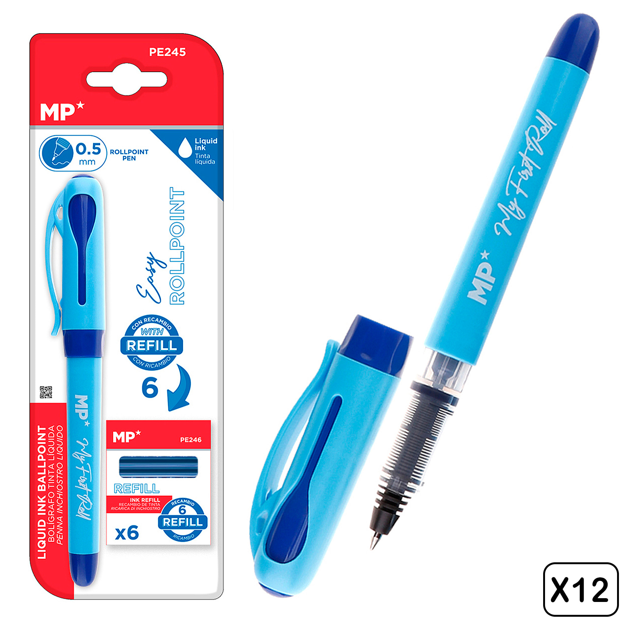 PACK 12 BOLÍGRAFOS TINTA LÍQUIDA PUNTA BALL AZUL CON 6 Recambios.
