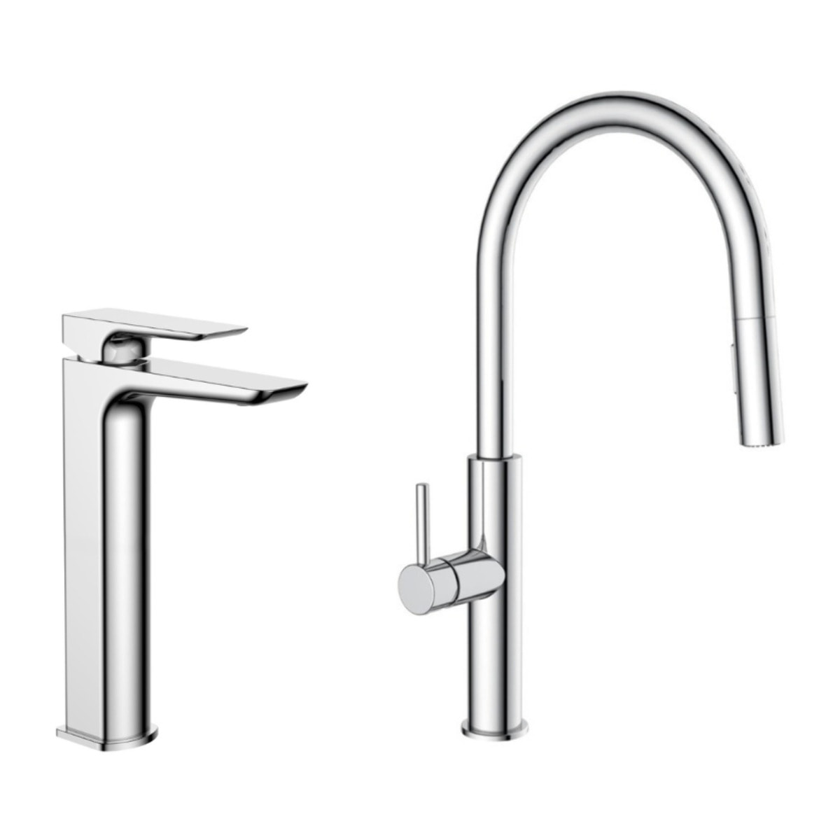 set mitigeur lavabo haut, sans vidage + mitigeur cuisine avec douchette extractible 2 jets, chrome (SATBSBD285)