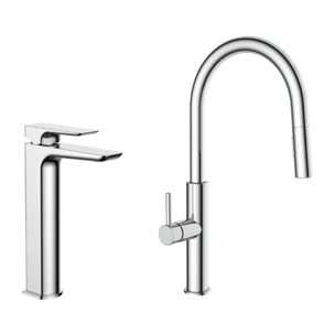 set mitigeur lavabo haut, sans vidage + mitigeur cuisine avec douchette extractible 2 jets, chrome (SATBSBD285)