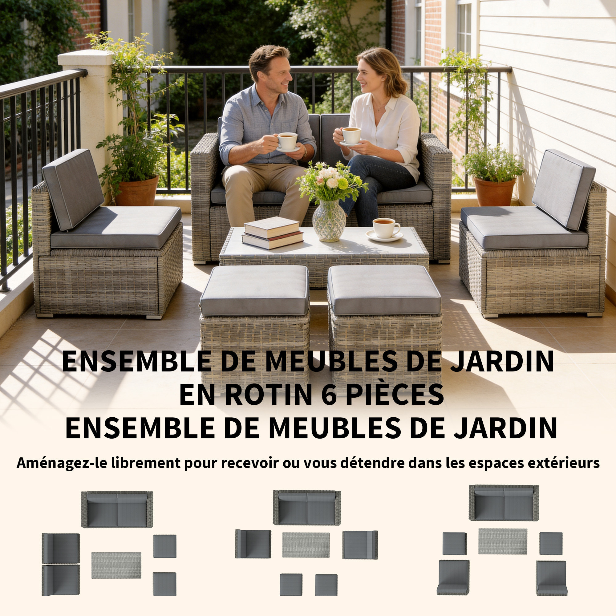 Salon de Jardin 6 personnes 6 pièces encastrable résine coussins déhoussables gris