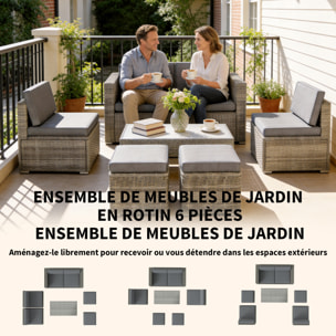 Salon de Jardin 6 personnes 6 pièces encastrable résine coussins déhoussables gris